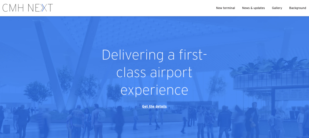 Homepage of the C-M-H Next website. Text reads, Delivering a first-class airport experience.